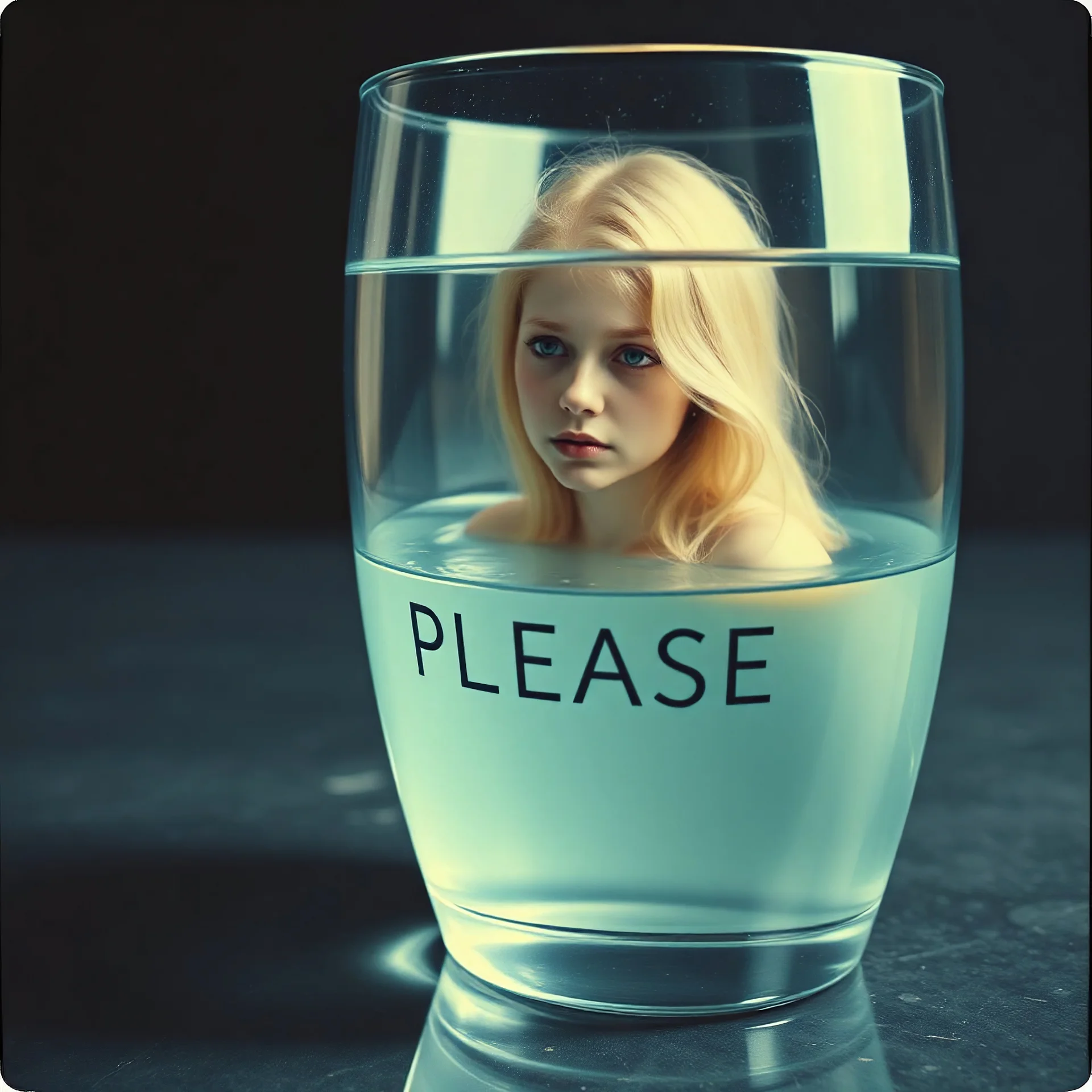 a tiny young sad woman who looks like blond brigitte bardot, trapped in a giant glass of water where is it written "PLEASE", surreal, liminal atmosphere, polaroid