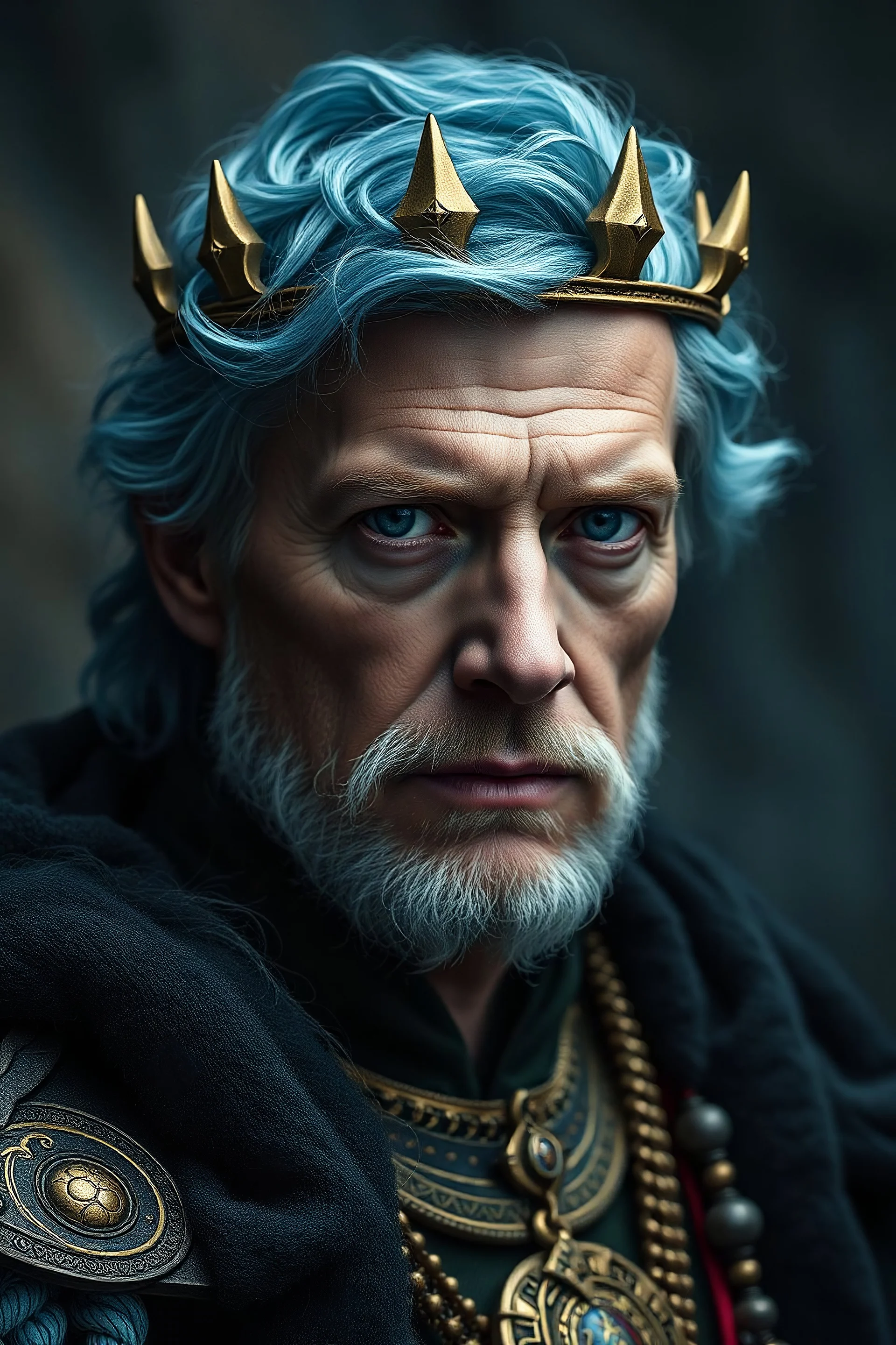 a old king with short deep sea blue hair and deep blue eyes