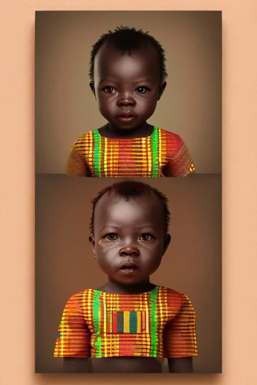 futuristic baby portrait in Kente, rusted clocks eyes, cinematic, scaffolding, ghana flag, african pattern symbols, engraved, 8k quality