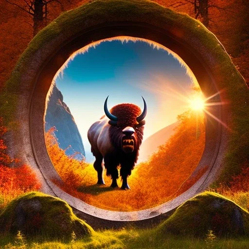 Nærøyfjorden Verdsarvpark, with centered closeup of an ancient bison standing in a portal from mars,sun,mist,autumn, in the style of pixar