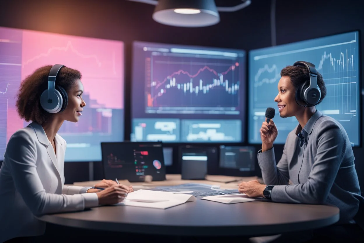 A podcast scene featuring a man and a woman engaged in a lively discussion about AI in finance. The setting is a modern studio with microphones and headphones. The backdrop showcases elements related to finance and technology, such as charts and digital interfaces. The atmosphere is professional yet friendly, reflecting a workshop vibe