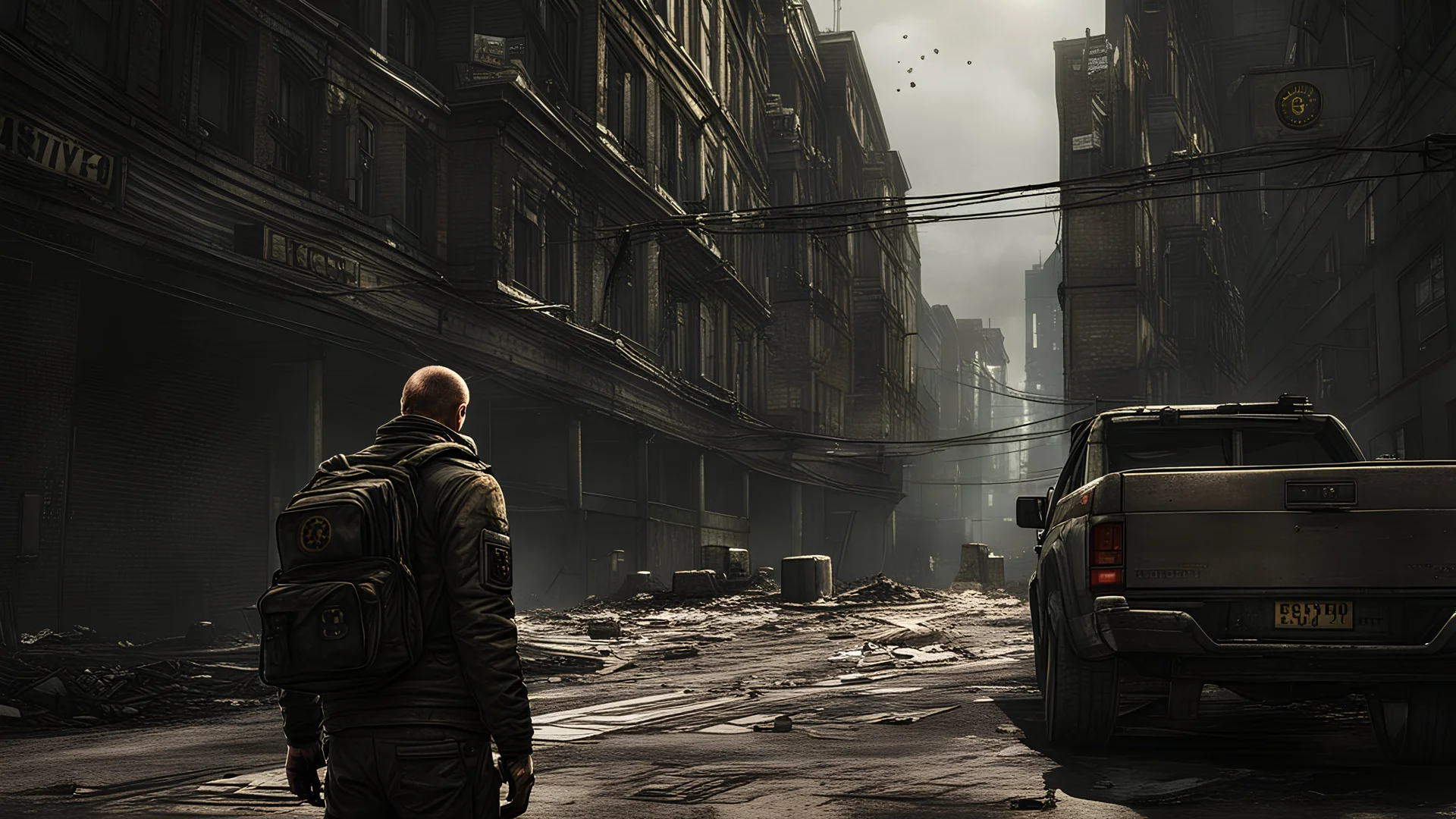 Escape from Tarkov a man standing in a city holding a bitcoin