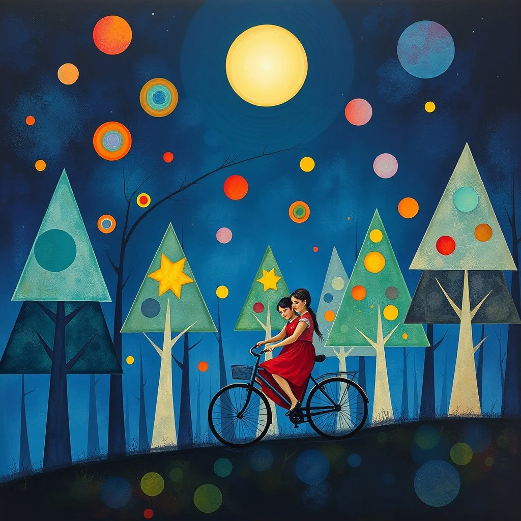 create a poetic dreamlike painting in the style of Marc Chagall, geometric family of father, mother, and baby riding a bicycle through a magical night forest, glowing triangular trees and colorful circles floating like stars, large luminous moon overhead, painterly textures with deep blues and purples, surreal and emotional atmosphere --ar 16:9 --v 7 --style 4b --q 2