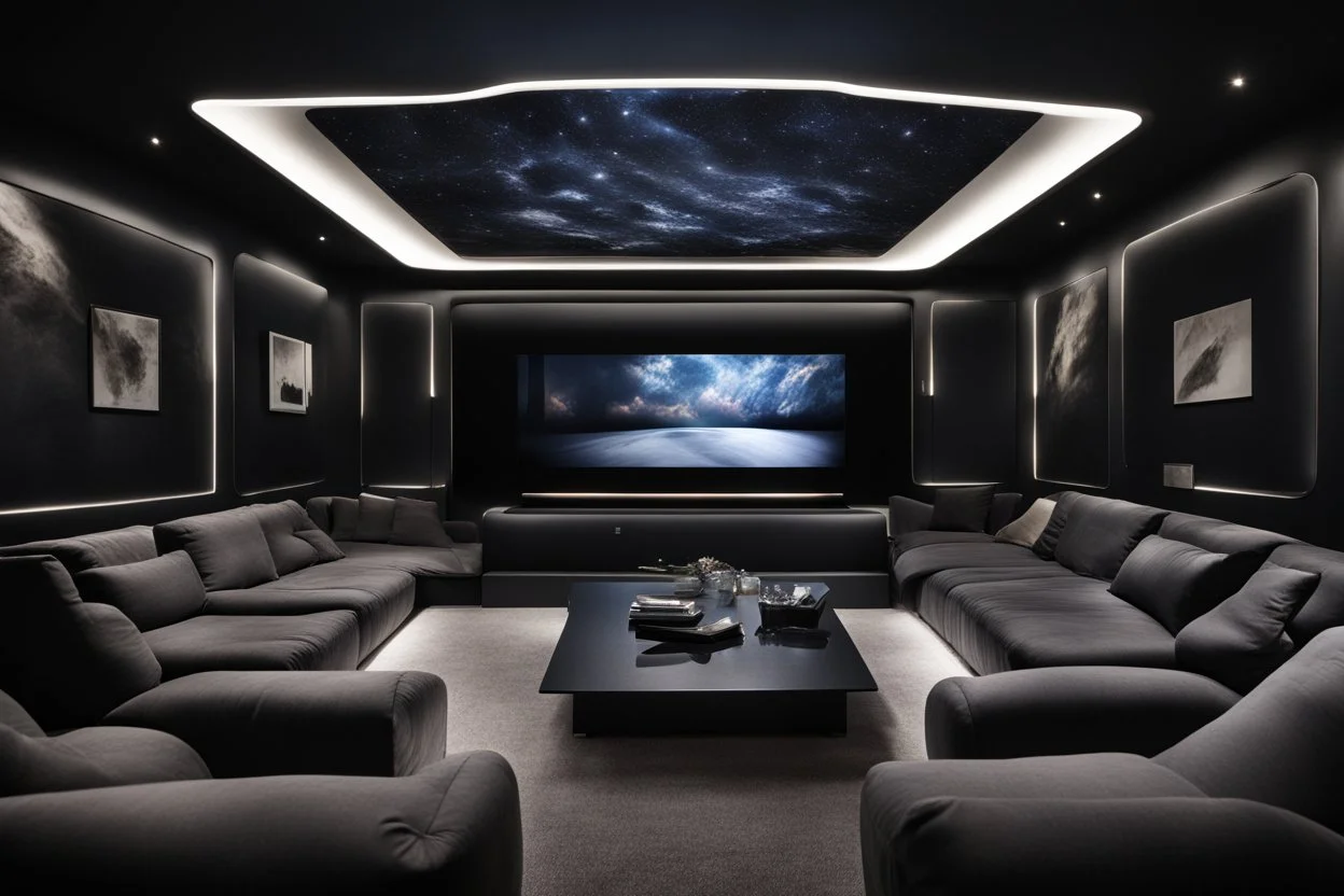 a black themed dedicated home cinema room with LED ambient lighting in the walls make sure the room is completely symmetrical