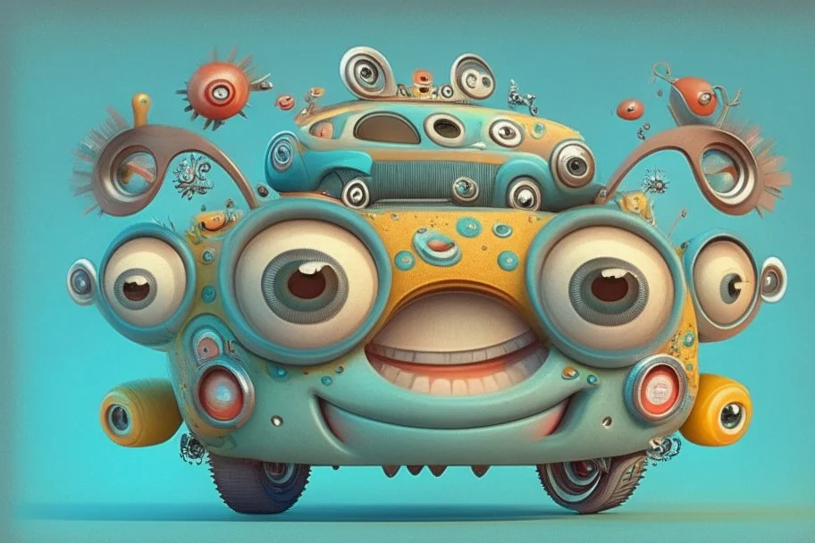 whimsical cartoon car with big eyes and a friendly smile, accompanied by various mechanical parts that form the shape of the car?