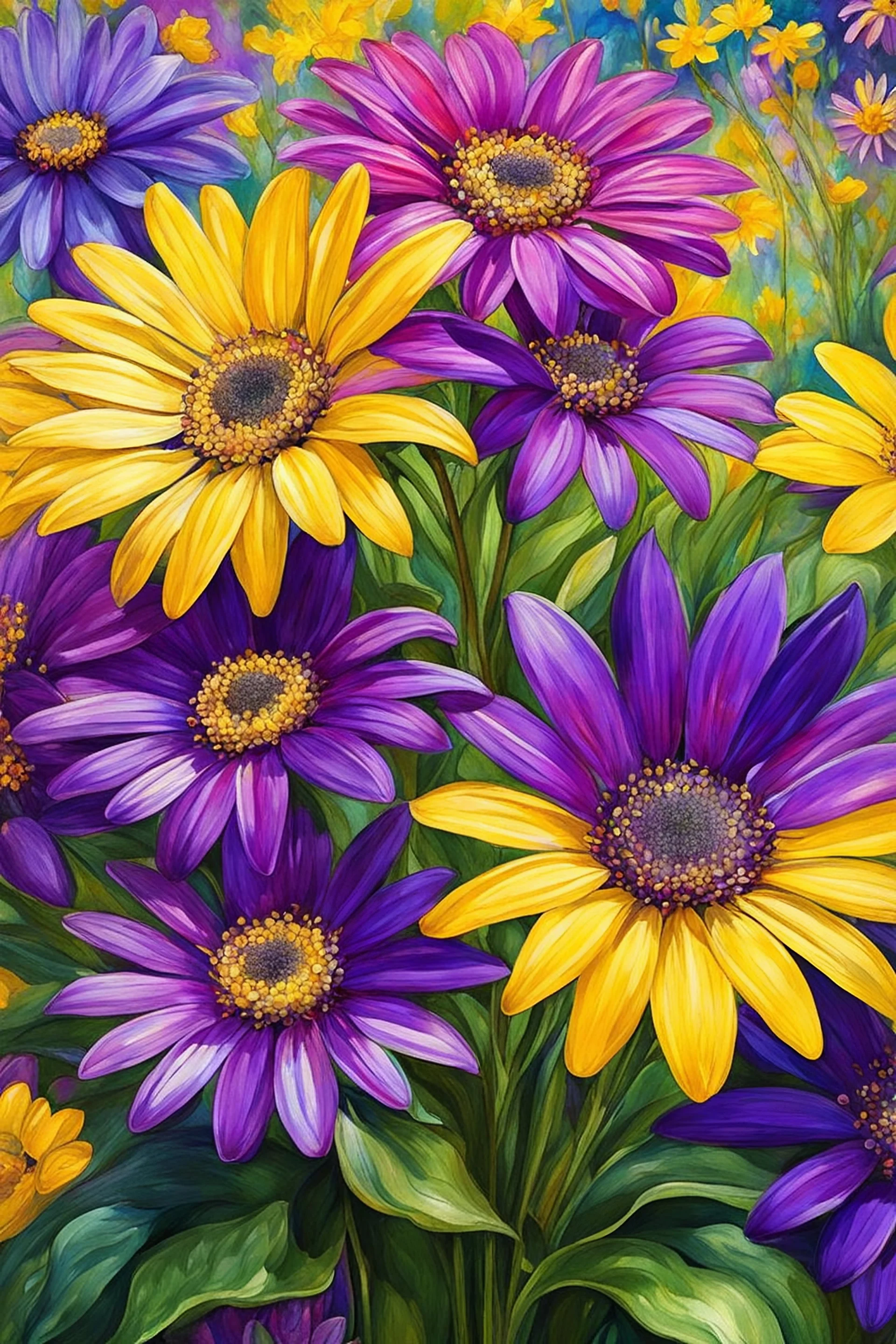 ideal image optimization, the best lush Osteospermum result, Create stunning summer flowers art combining Gustav Klimt's intricate style with Pierre-Auguste Renoir's vibrant brushstrokes. Use alcohol ink splatter for dynamic elements. Aim for hyper-detailed super realism in 8K, with bright neon colors and gold accents, capturing a radiant summer day. Add an Art Nouveau aesthetic to enhance elegance and sophistication of this award-winning Masterpiece, seamless pattern