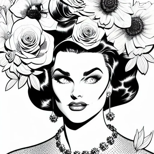 hyper detailed, black and white, thick line, coloring book illustration, lineart, stunningly beautiful woman in flowers, alex raymond style