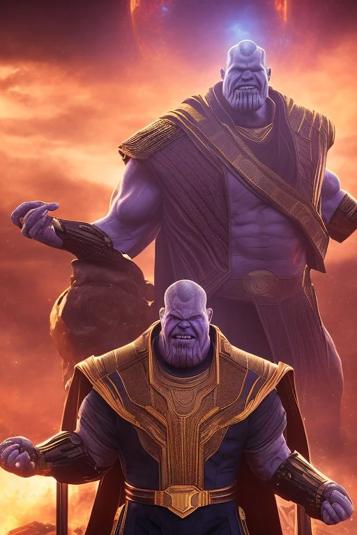 Thanos is the god of power and evil The commander wears a black cloak and a long coat with long combat boots and a long spear with a hat under his cloak with blue flame eyes, a sword like a spear The sun in the palm of a brave man in the middle of the desert