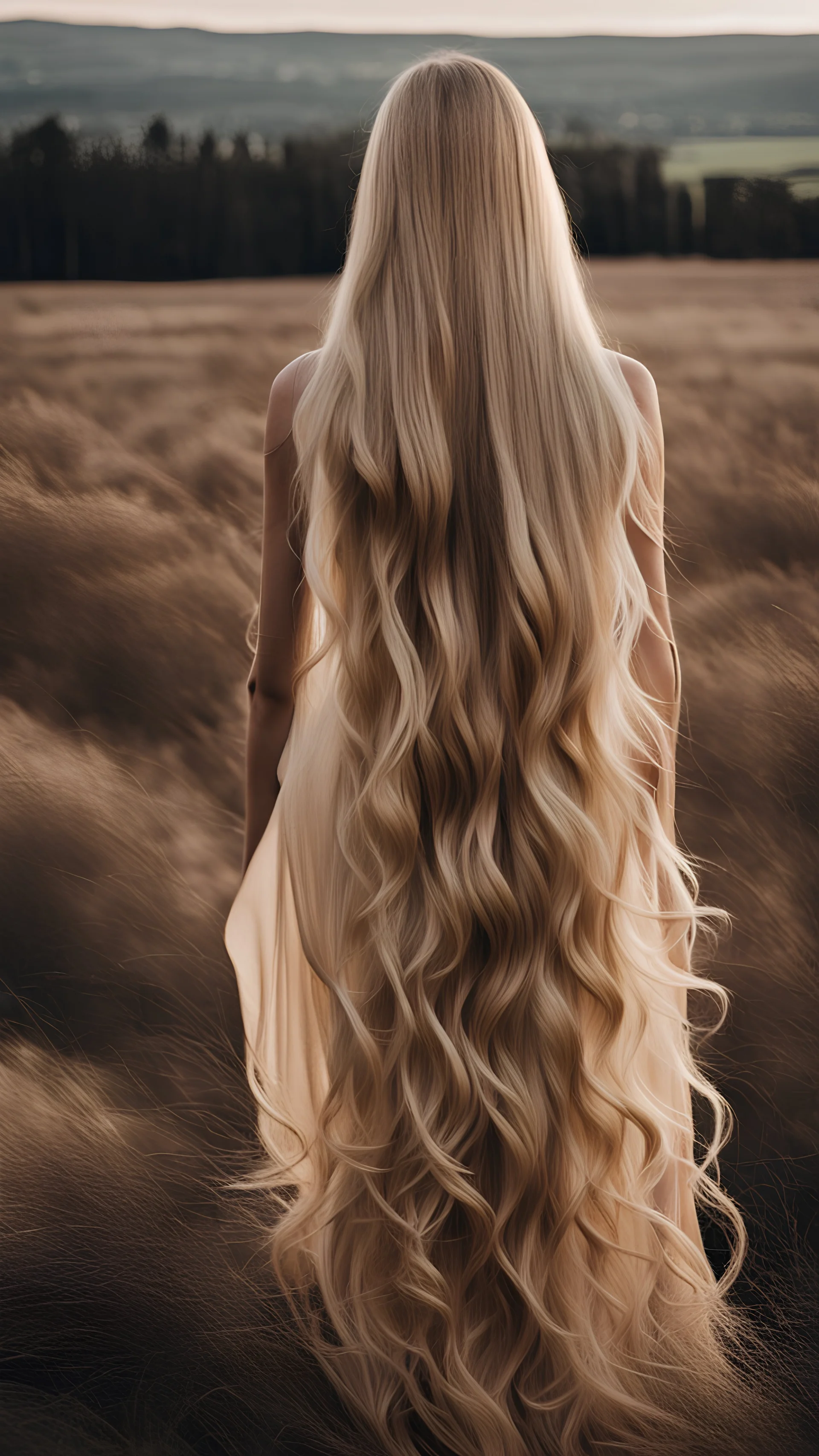 A breathtaking woman with very long blonde hair. Her voluminous Long blonde Hair reaches the ground