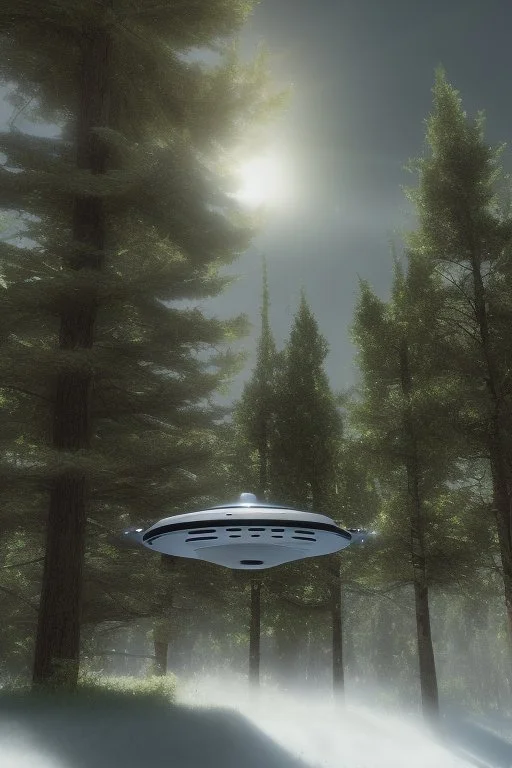 A photorealistic render of a ufo flying over school near pine trees as kids run up to it in wonder