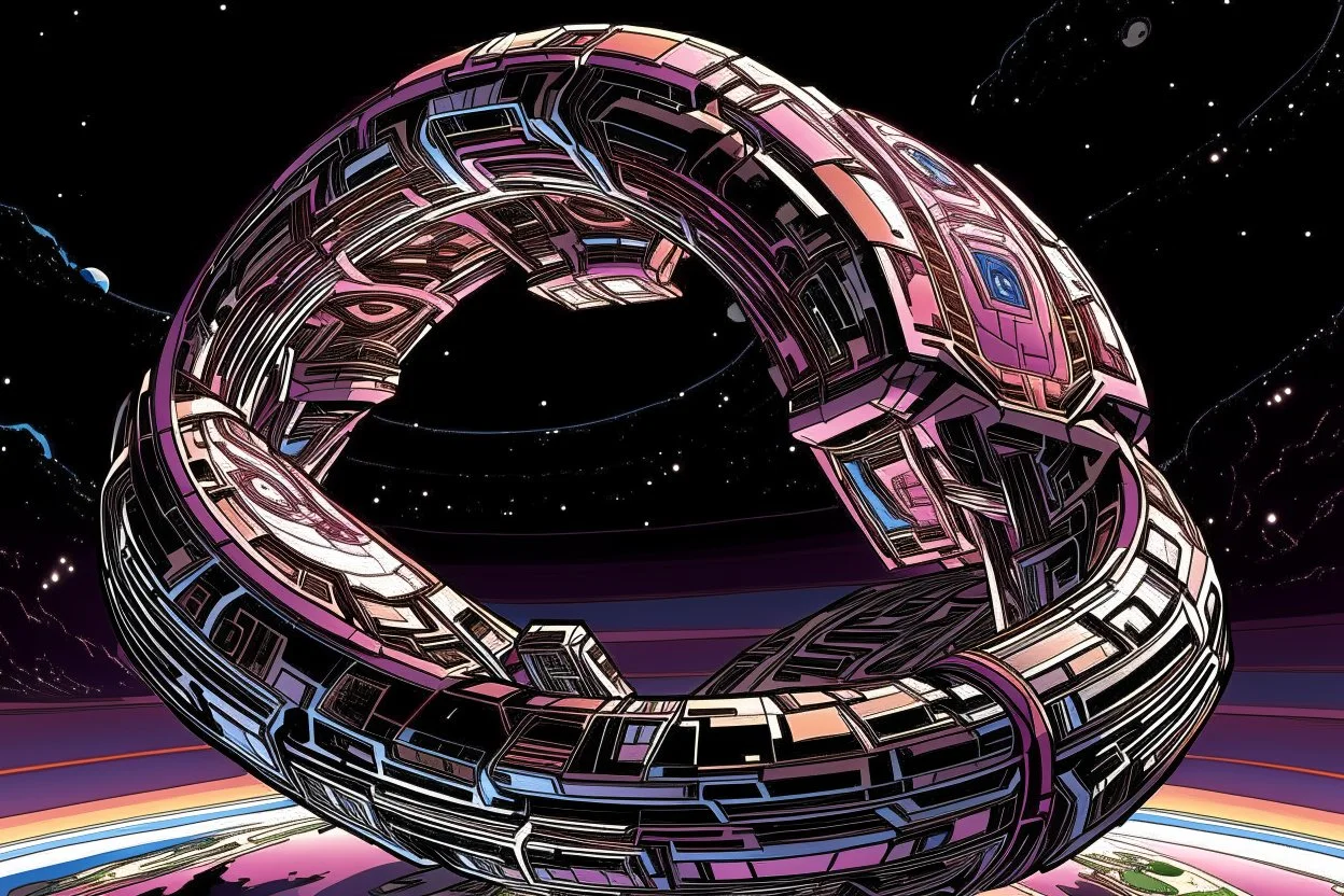 the gigantic starship of Marvel's Galactus "TAA-II" shaped like a Mobius strip with Jack Kirby design elements, in space