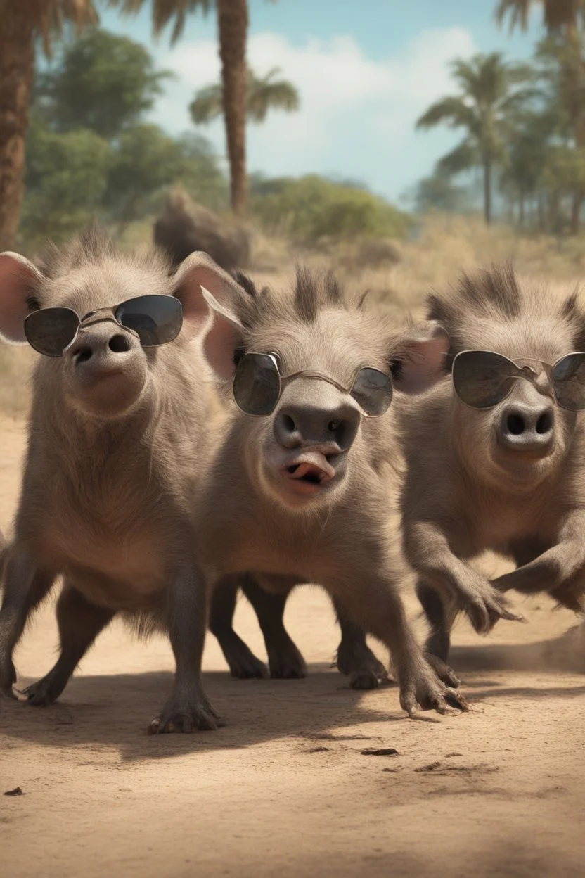 Close-up animation of a mischievous group of wild warthogs wearing sunglasses and attempting to breakdance in a comical fashion.