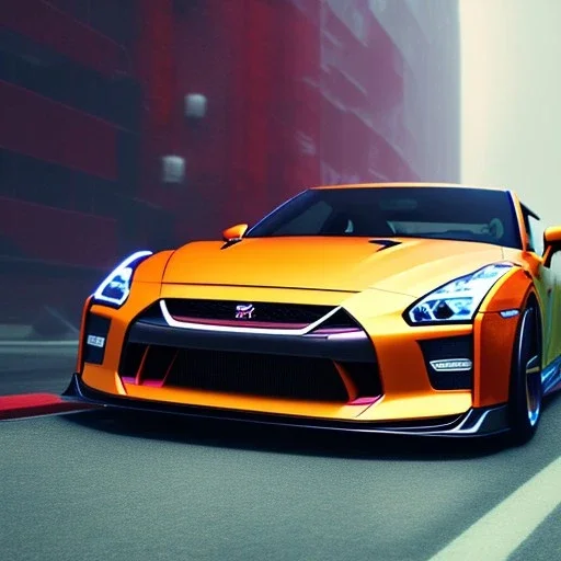 Nissan GT-R, red, orange, yellow, green, blue, purple, masterpiece, expert, 8K, hyperrealism, sharp focus, cinematic lighting, cyberpunk, cityscape