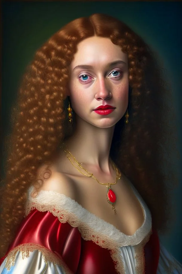 Realistic Phot of young woman, Portrait, Full body, young woman, oval face, light brown skin, realistic HD Skin, tiny pores seen on skin, bright red very curly long hair, green eyes, plumper reddish brown lips, soft smile, dressed in a gold red white and blue intricate medieval gown with low neckline, big tear shaped bosoms, slim perfect body, Beautiful hair, Makeup, bokeh, Octane render, 16k, Beautiful lighting, Golden ratio composition , by irmgard karoline becker despradel, Intricate details