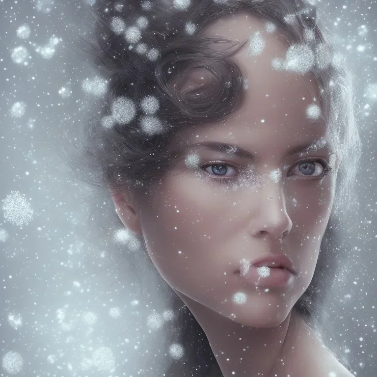 wonderfull spanish woman, curves, cyborg, platinum long hair, hair covering one eye, ultradetailed fine art photo of a spanish, weet face portrait, snow flakes particles, 35 mm