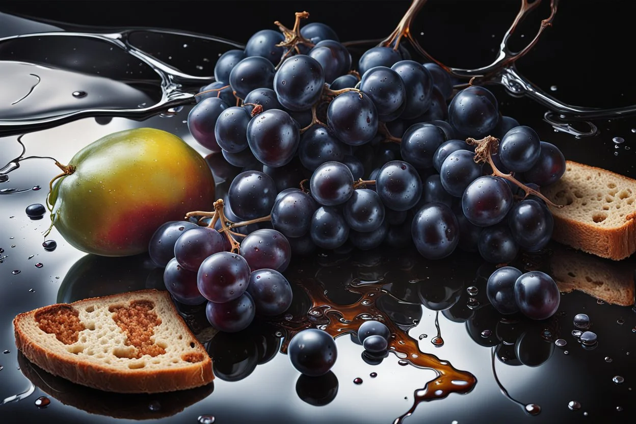 Create a masterpiece an oil painting on cracked canvas: of Gleaming melting chrome fruit and spent wine,glossy black glass reflection, partially decayed grapes, discarded stale bread, ultra-realistic portrayal, 8k resolution, rich cool tones, intricate textures, reflections, flawlessly polished exteriors, rule of thirds futuristic concept art. Modifiers: trending on Artstation highly detailed intricate crisp quality Unreal Engine cinematic composition crisp realism 8 K High Octane Render 64K, UH