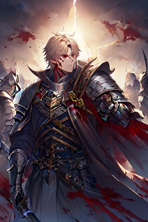 Armored Male Blood Knight Elf by manhwa or korean webtoon style there are lightning and blood spurts around the man, his face pointed at the camera, and with a serious look he lets his opponent know that it's his turn