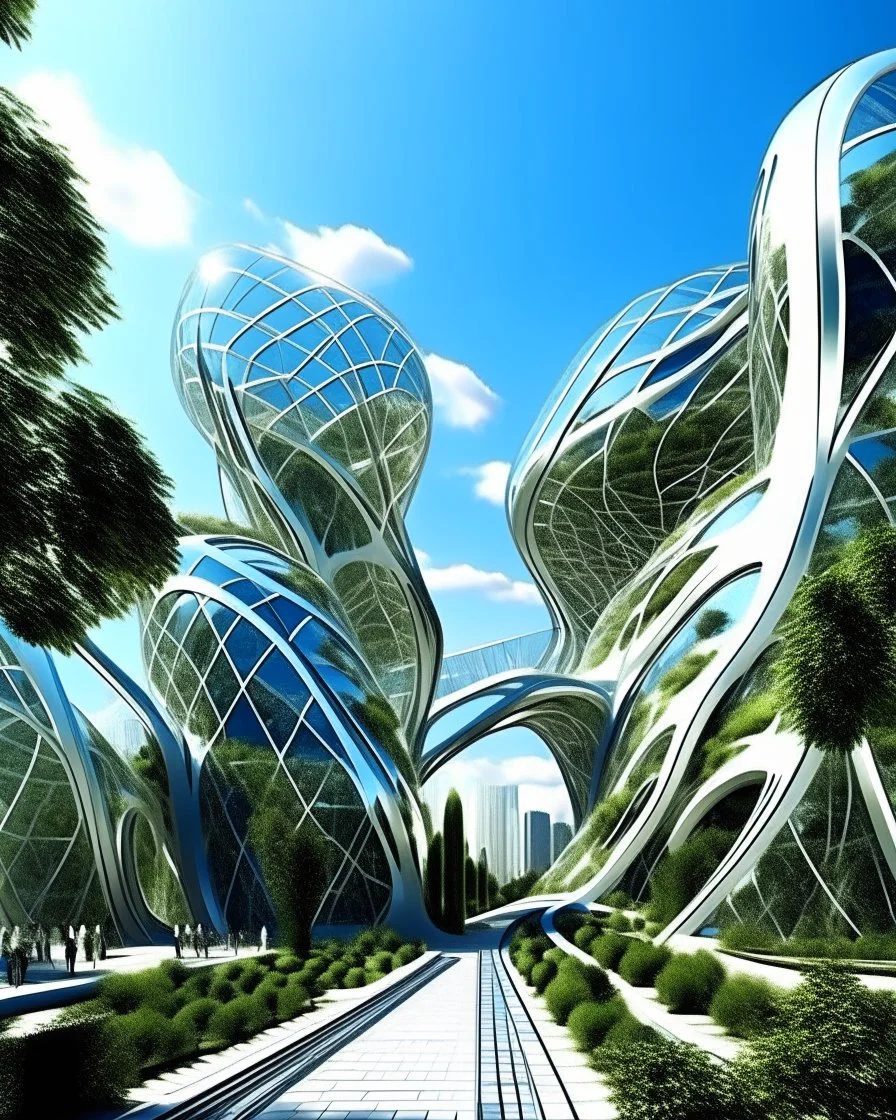 Stunning futuristic architectural masterpiece, biomorphic organic structure that combines nature and technology. A futuristic city, with polished chrome buildings and curved glass windows, fascinating summer weather. Intricate details and cantilevered sections. Trees, green areas and people