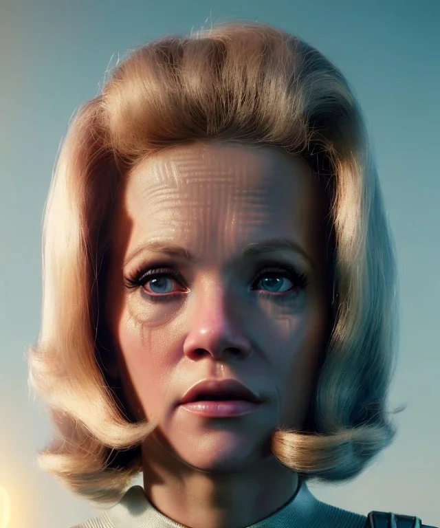 Ultra Realistic retro sci-fi movie, people, classic ovni, 1960 year, waist up view portrait, blonde woman, sweet teenager Jane Fonda face, perfect, illuminated cornea without pupil, face makeup, tight latex coat, retro glass helmet, Retro sci-fi style, soft color, highly detailed, unreal engine 5, ray tracing, RTX, lumen lighting, ultra detail, volumetric lighting, 3d, finely drawn, high definition, high resolution.