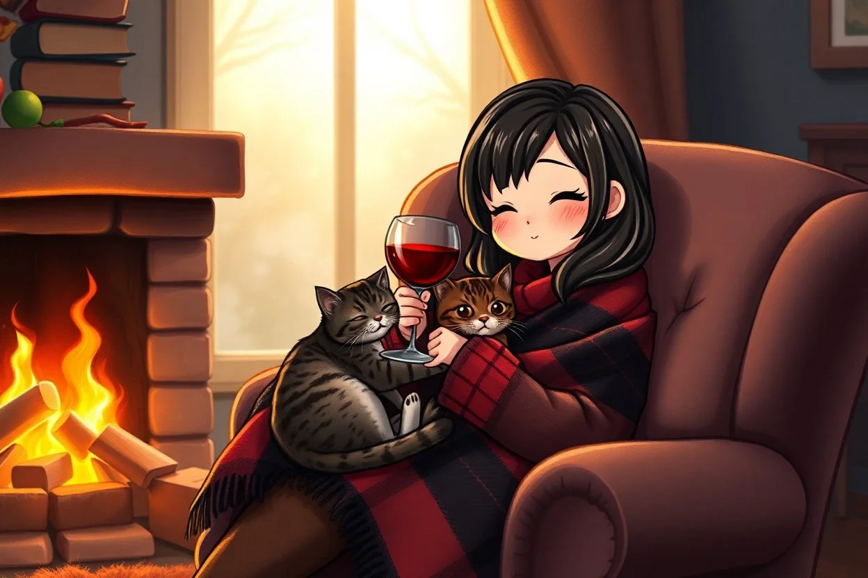 cute chibi brunette woman by the firelight, wrapped in a plaid blanket, curled up in an armchair with a tabby cat on her lap, drinking red wine from a glowing glass, S<AI, charcoal