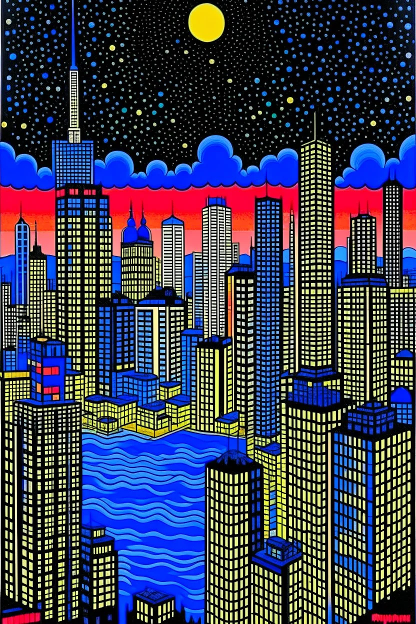 punisher sku;; CITY birds eye view aerial shot in the style of Hiroshi Nagai