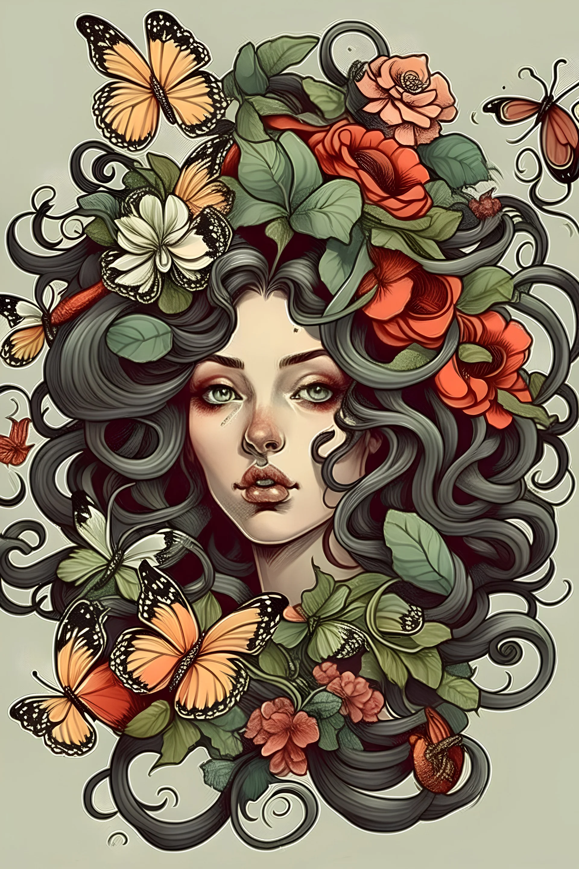 Beautiful Medusa with flowers and butterfly