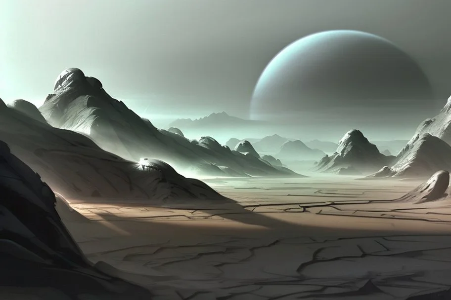 Alien landscape with grey exoplanet in the sky, over the valley. Pond, sci-fi, concept art, cinematic, movie poster