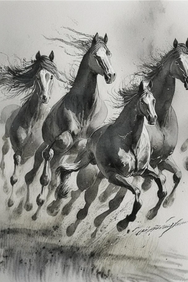 8 horses running on meadow as black ink watercolor chinesse paintin art