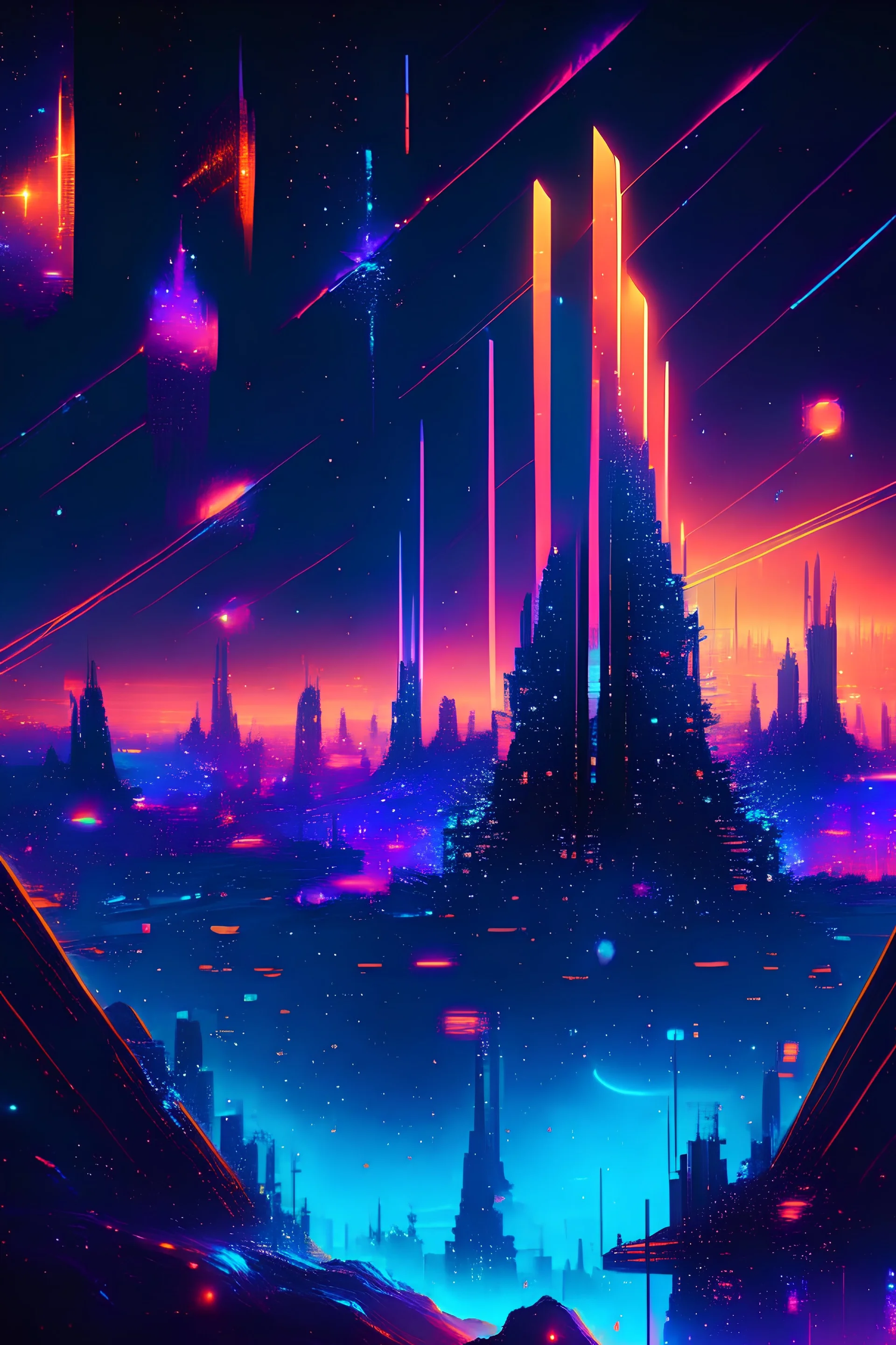 A sparkling city of glass and neon towers, hovering over a sea of stars, Cyberpunk, Digital Illustration