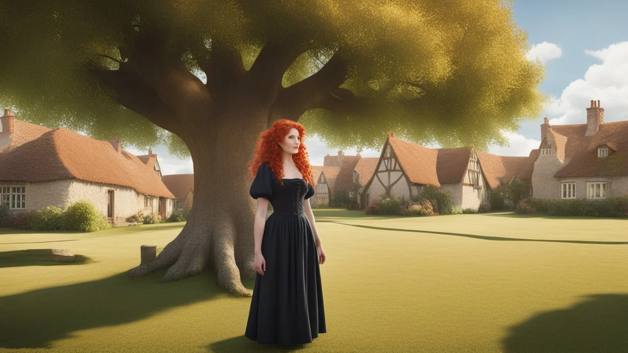 A red-haired, witchy woman standing in the centre of a village green, surrounded by thatched cottages, standing under a large tree. Bright, sunny day.