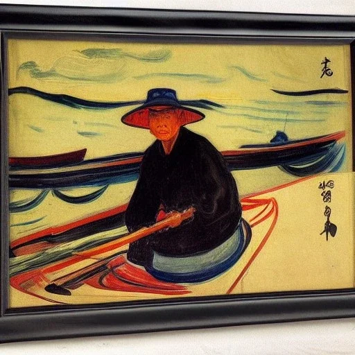 Portrait of OLd Japanese Fishermen on boat wearing bucket hat by edvard munch 8k