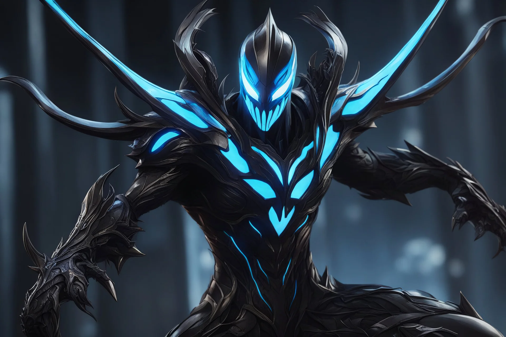 Huge symbiote in 8k solo leveling shadow drawing, shaco model, neon blue lights, Chaos sea, intricate details, highly detailed, high details, detailed portrait, masterpiece,ultra detailed, ultra quality