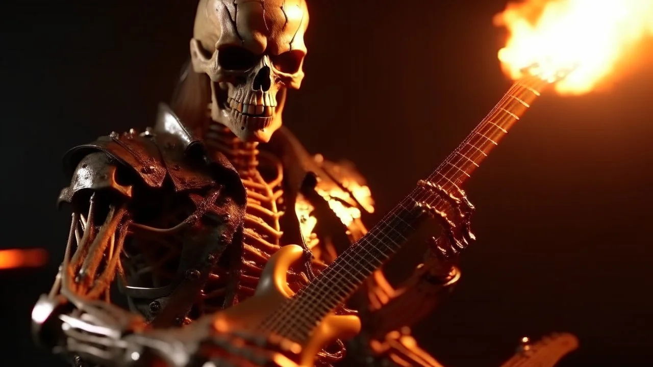 4k full detail realistic terminator sans peau jouant guitare electrique avec des flammes derrière lui