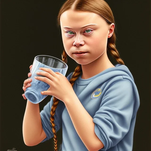 portrait Greta Thunberg drinking milk from a cat