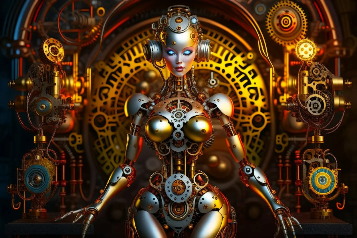 robot body with a female head, hands and feet, and a steampunk background