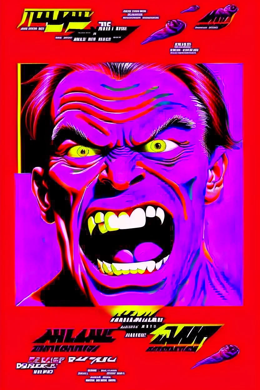 with movie poster title :HEAD FUKED SO MUCH BRO, monster more angry and more 90s style, angry fast, extreme, wild, so so angry, red and purple background with 90s style slashes