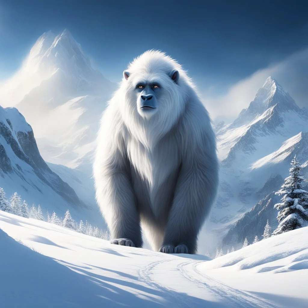 In a realm of snow and ice, where the mountains touched the sky, lived a lone Yeti. His snow-white fur blended with the landscape, and his large, gentle eyes had seen centuries pass. One day, while exploring the highest peaks, he met a young woman whose beauty was matched only by that of the surrounding nature. An immediate connection was born between the two, a friendship that soon grew into something deeper. In that embrace, among the snowy peaks and under the starry sky, they found the happin