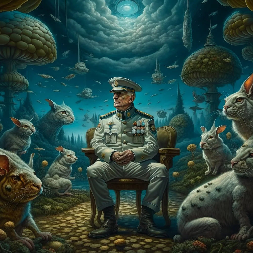 portrait of macho army officer on a bar chair inside mushroom grove with huge fluffy space chinchilla in the style of Escher, 4 k, down-light, soft light, depth of field, photo realism, trending on art station, high detail, spray paint