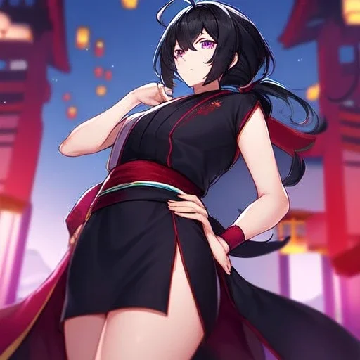 Clear focus, High resolution, Black hair, low small ponytail, purple dead eyes, japanese outfit, serious expression, one arm on hip, other hand free, purple red white and black outfit, short skirt, ahoge, (solo), hair between eyes