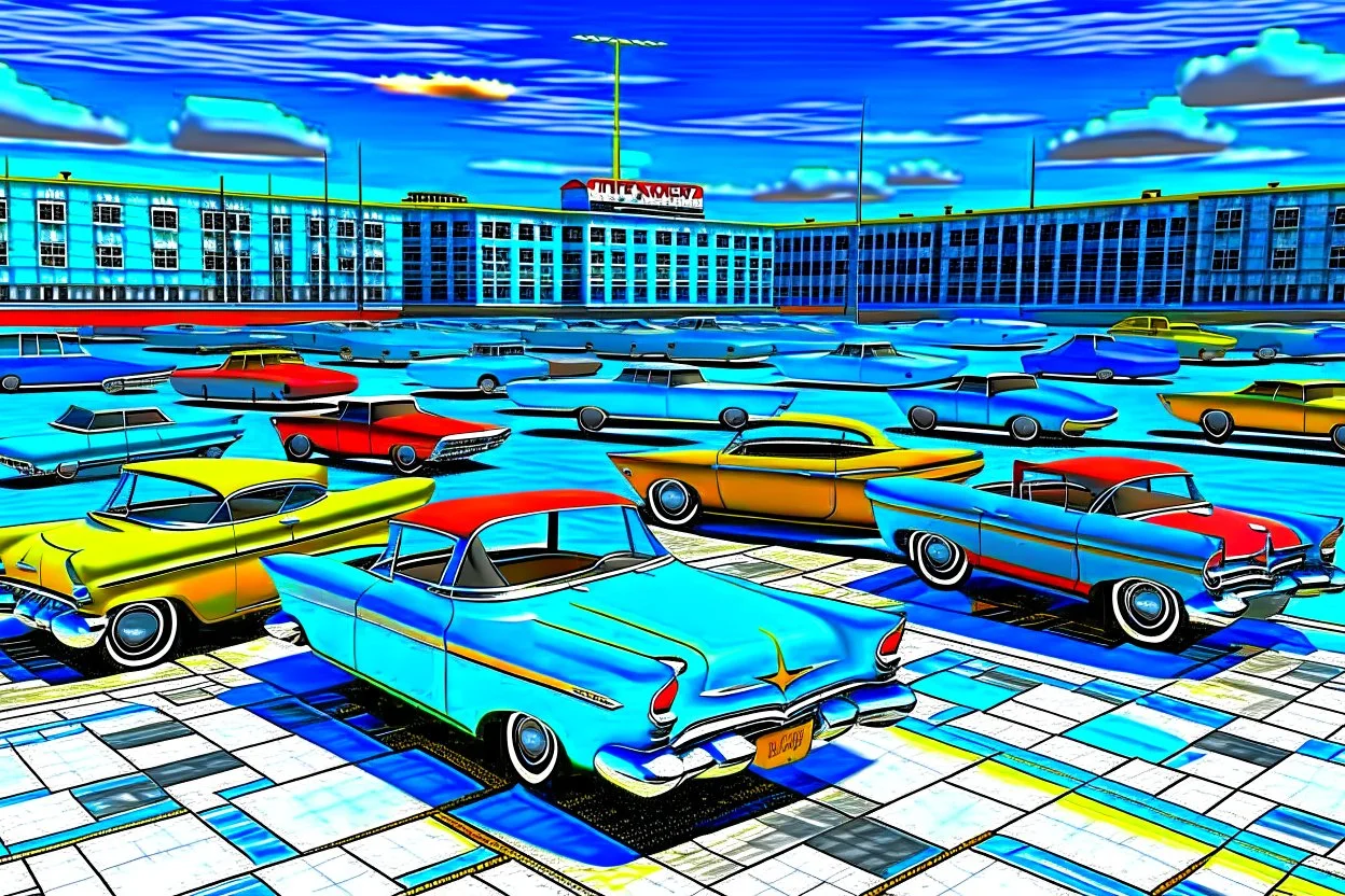 Fotorealistisch Parkplatz an der Promenade von Havanna vollgeparkt mit Chevrolet Impalas von 1959 und 1960, Chevrolet Nomad von 1957, Chevrolet Bel Air von 1954 und 1955, Ford Fairlane, Pontiac Safari, Buick Roadmaster, De Soto Fireflyte, allesamt mehr oder weniger heruntergekommen in prallem Sonnenlicht, im Hintergrund das Meer