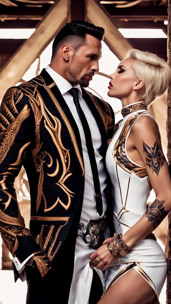 Jason david frank muscular male with short dark hair and tribal tattoos wearing a designer suit, whispering in ear of young blonde woman wearing white dress. fantasy, hyper realistic