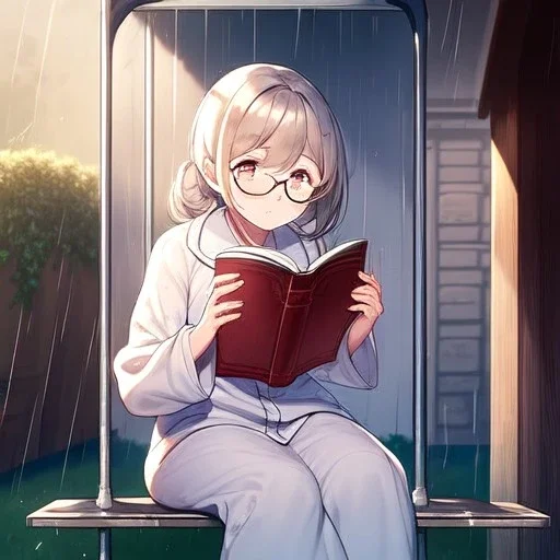 anime girl sitting on a porch swing of an old house, journaling, wearing pajamas, writing in a book, shes watching it rain, more detail on hands and her face,shes deep in her thoughts, wearing glasses, rain drops, she has a pencil in her hand and is writning in the book, she is looking down at what she is writing, lightning