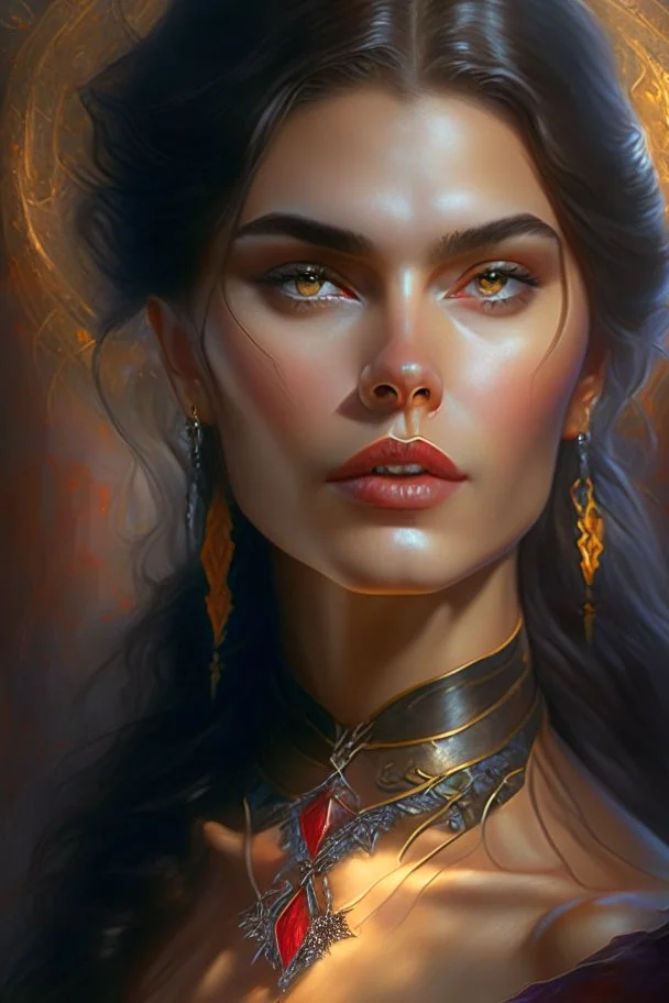 witchcraft, half body of face of a beautiful young woman, ultrarealistic, flirty gaze, centerfold, fashion pose, magical, gorgeous, decolletage, jewelry, leather straps, fantasy environment, portrait of head and torso, Vladimir Volegov, Aleksei Vinogradov, Donato Giancolla, fantasy, hyperdetailed, ultra complex, head and shoulders portrait, 4k resolution, Clint Cearley, ilya kuvshinov, global illumination, detailed and intricate environment, epic, portrait, beautiful grey eyes, gorgeous, female