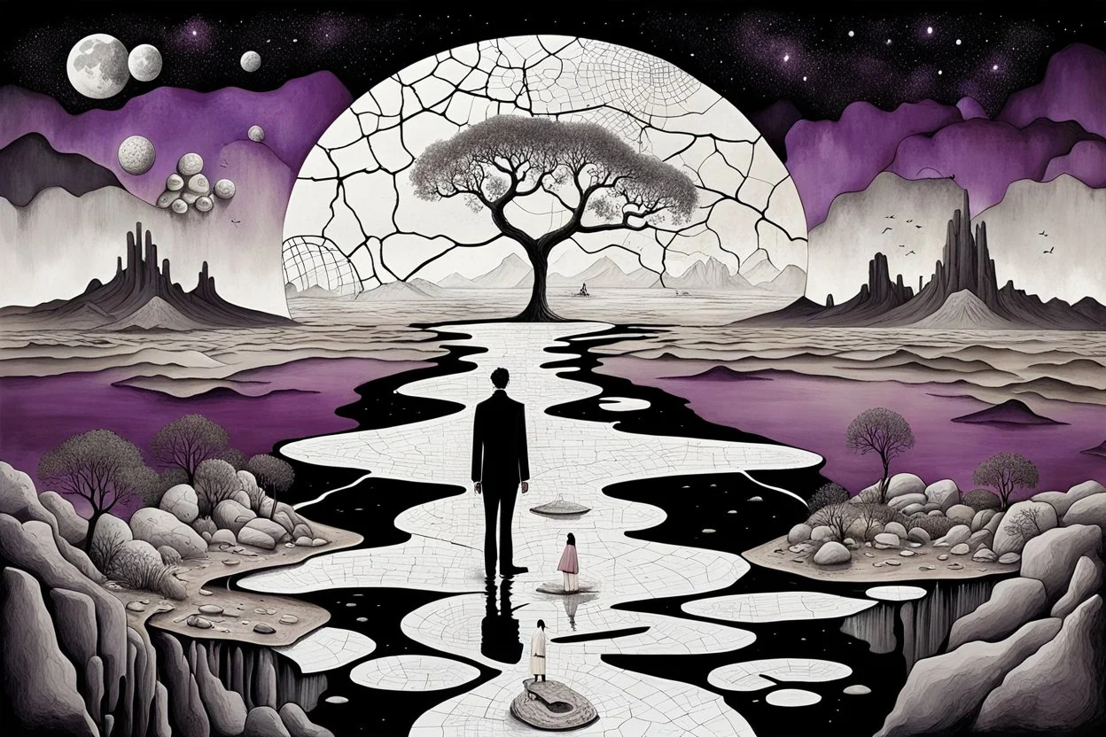 inner world , atypical world, in midle an alone human figure stands on the thin bridge with a big map his hands , weird whimsical landscape, forest, and Sahara water and rocks,, around surreal cracked painted weird land with some black doors. dark purple, gray, black, white, brown. Whimsical style of Chagall , of Minjae Lee and Anton Semenov, lonely with absurd beauty. broken, weird bizarre absurd nightmare, labirynth, dark vision, neuron network background, surreal vibe, stunning painted