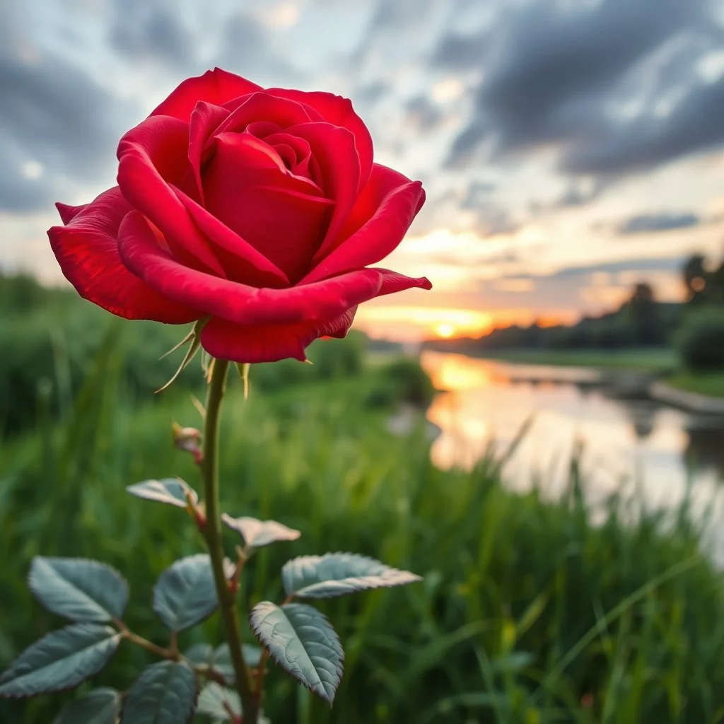 A Realistic Beautiful Red Rose With Pink Petals Whirling In Air, Green Grass With Nature Riverside Background And Cloudy Sunset.