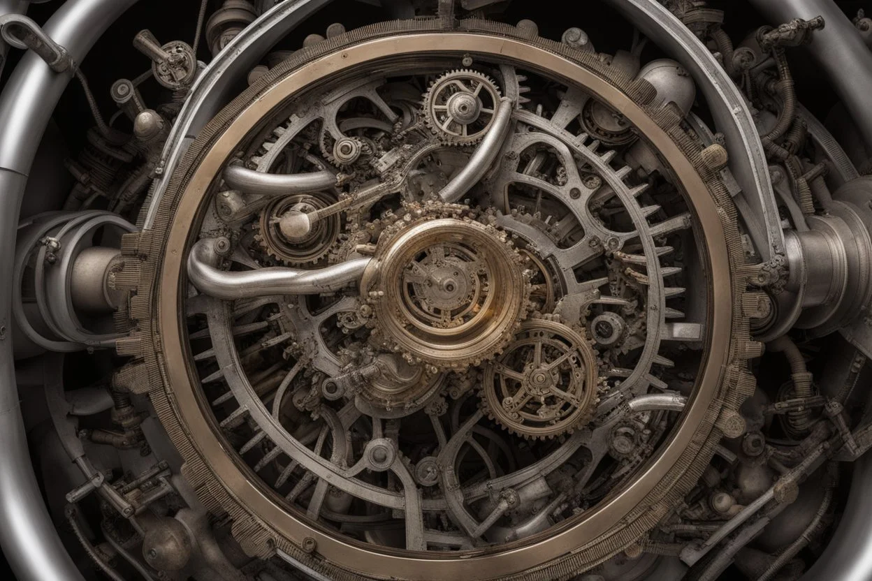 Looking down into a complicated large, victorian, organic, steampunk mechanical engine, with cogs, highly polished metal