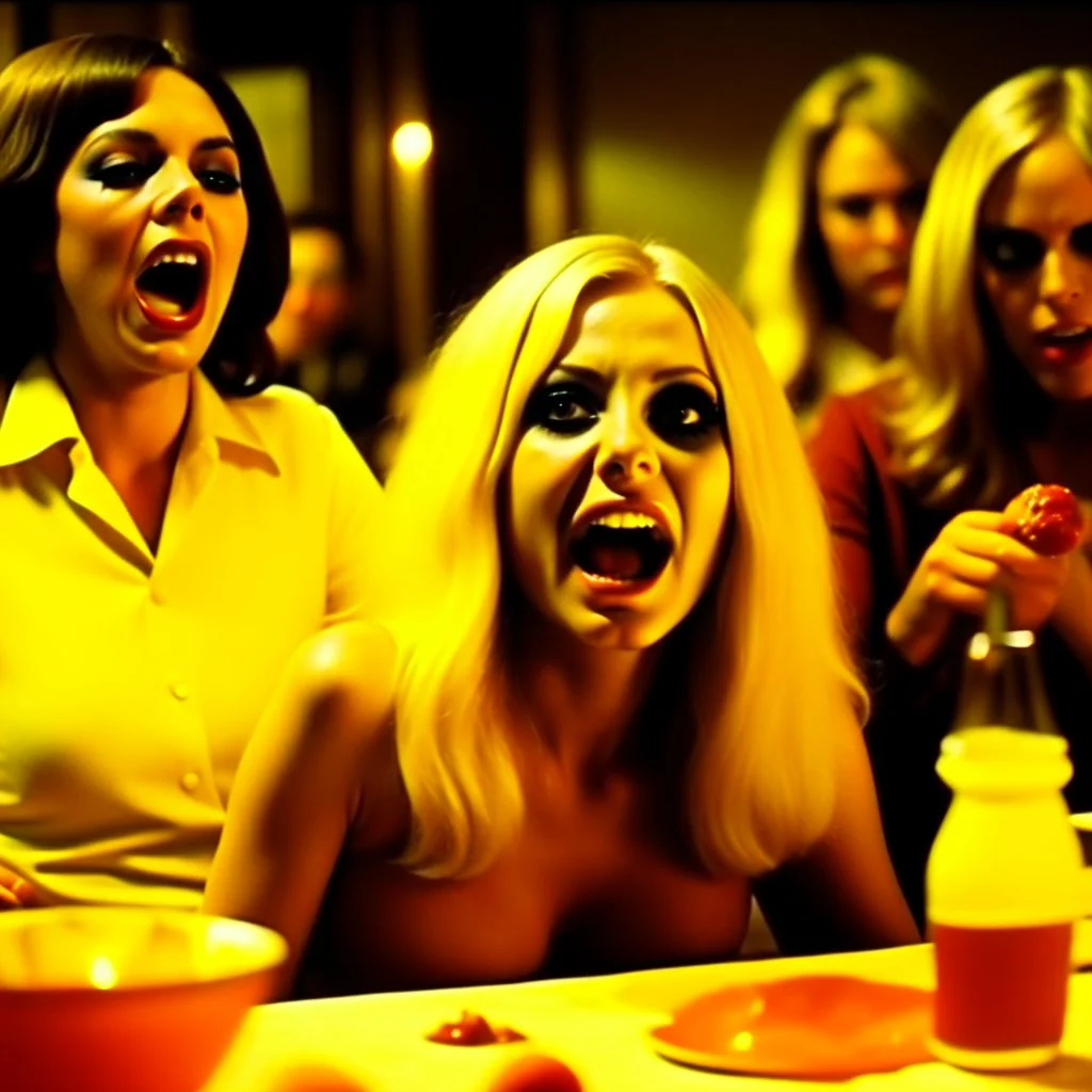 Horror movie shot, hot, ultra realistic, dine, skulls, ultra chaos, realistic hot blonde women come, hot party, excitement, super show breaist, pieces of meat, tongue, organs, hot dynamic, very excited people, cries, hypermaximalist figures, 1970's Italian horror movie, sinister,, Dario Argento, Stanley Kubrik, ornate, 4k, photorealism