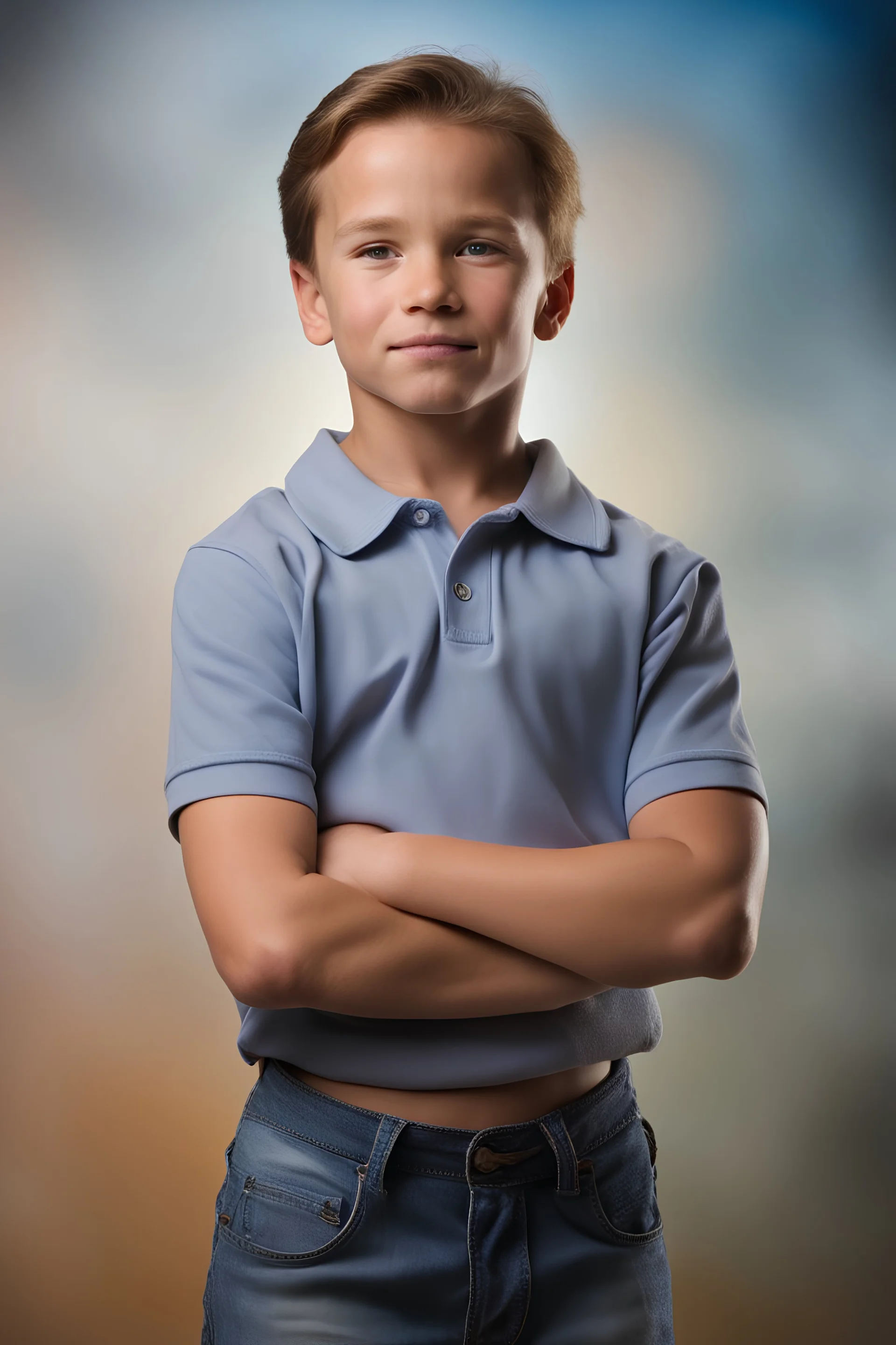 facial portrait - 10-year-old Arnold Schwarzenegger is posing for his school picture flexing like a bodybuilder - Sparkling, Sky blue Background, professional quality studio 8x10 UHD Digital photograph by Scott Kendall - multicolored spotlight, Photorealistic, realistic stock photo, Professional quality Photograph. colored Fog