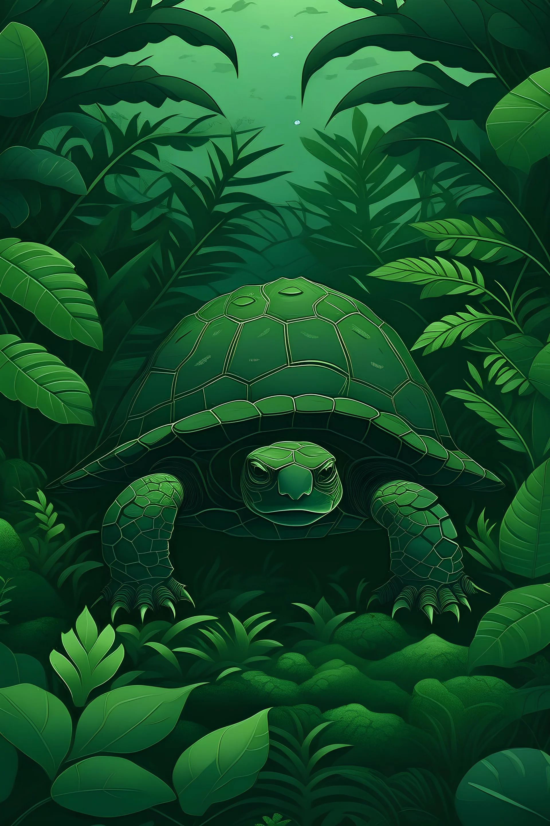 dark green turtle in leafy jungle centered