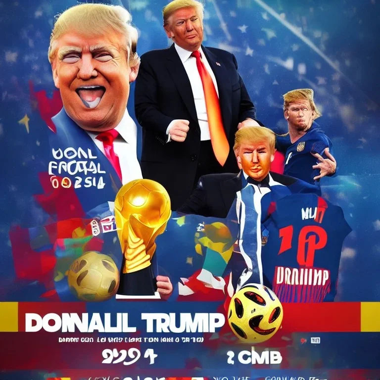 Donald Trump vs Lionel Messi in the world cup final poster with lots of the visual effect called bloom and lens flares